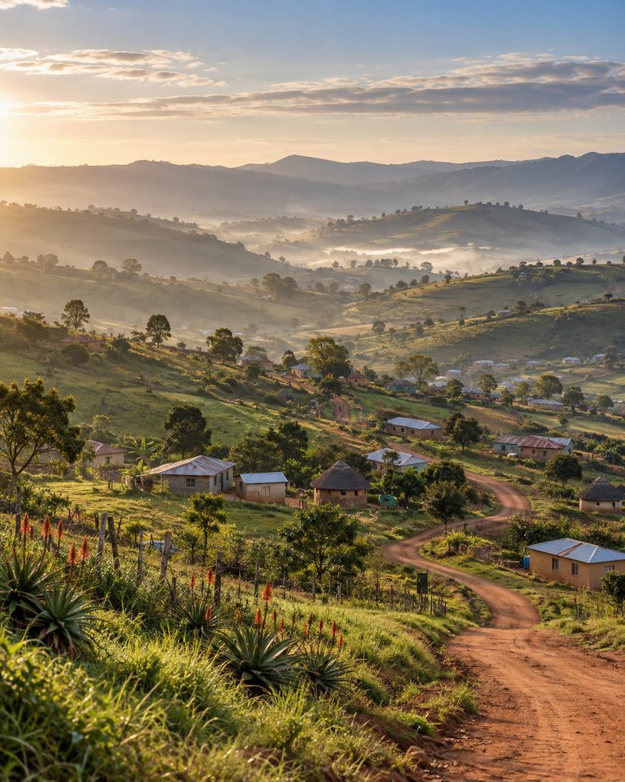 Green hills and homes in the Valley of a Thousand Hills, KwaZulu-Natal