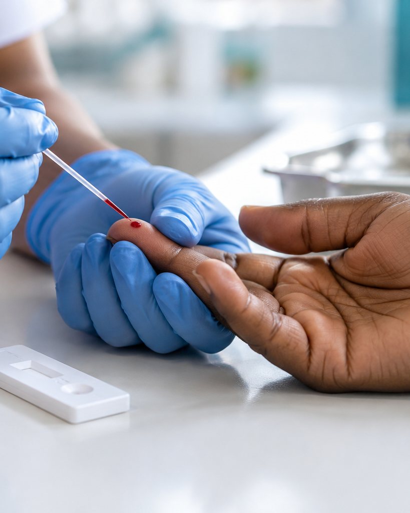 A health worker taking a small blood sample from a fingertip